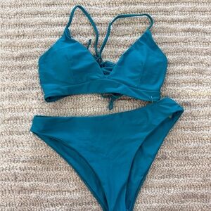 Zaful Teal Triangle Lace-Up Bikini Set